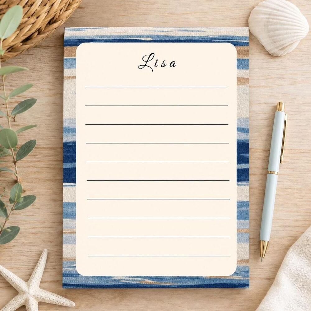 Personalized Blue Striped Coastal Tearaway Notepad – Beach Stationery Gift